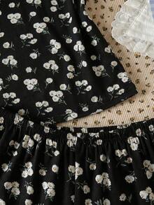 SHEIN 青少年女孩碎花印花圓領T恤與短褲家居服，休閒款 - 彩色 - 查看 7