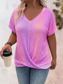 EMERY ROSE Plus Size Women's Casual V-Neck Rainbow Color Scheme Hem Cross Twist Knot Elegant Slimming Design Short Sleeve T-Shirt - Mauve Purple - View 3