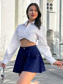 EURMUSE 100Cotton MID WAIST DIAMOND DETAILED SHORT Work Navy Blue Summer Streetwear - Dark Wash - View 5