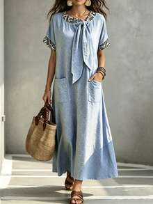 SHEIN LUNE Women's Geometric Print Tie-Up Long Dress Short Sleeve Loose Summer Dresses With Pockets Casual Sexy Boho Comfortable Beach Golf Holiday Pastal - Sky Blue - View 4