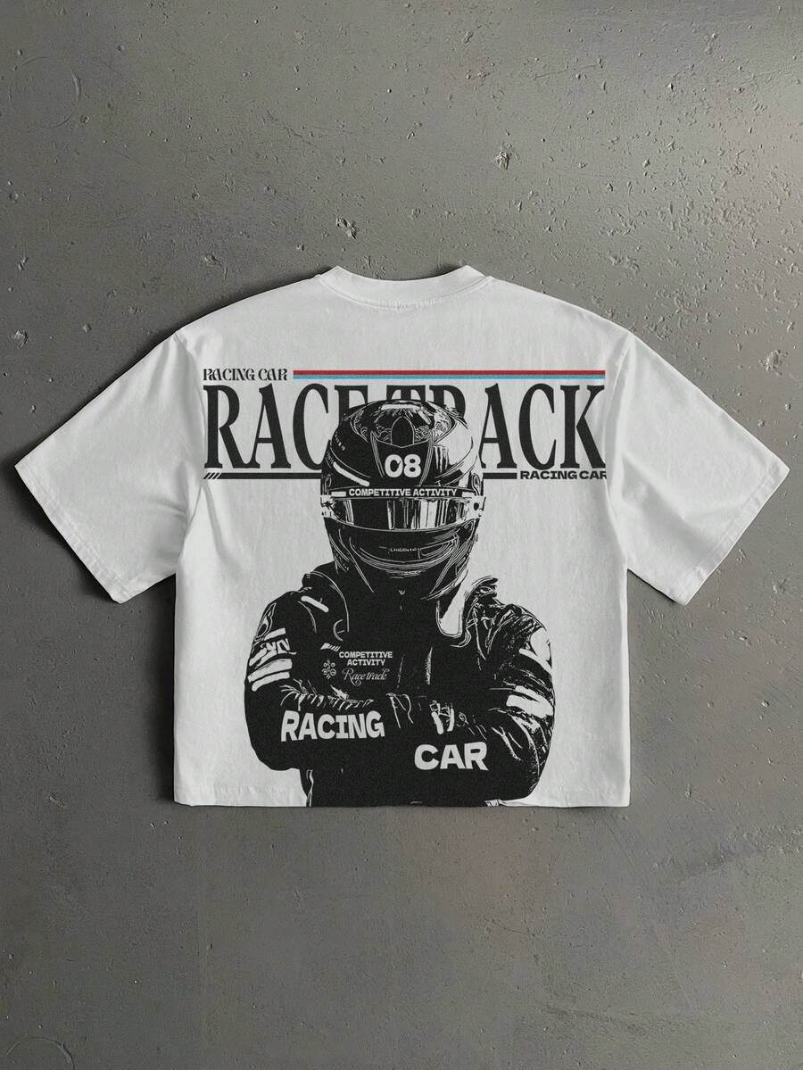 Manfinity Roghcode Camiseta de manga corta holgada y corta de talla estándar para hombre con estampado gráfico de moda de piloto de carreras F1 - Gris Claro - Ver 1