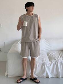 DAZY 男士字母印花灰色背心短裤睡衣套装，夏季 - 灰色 - 查看 3