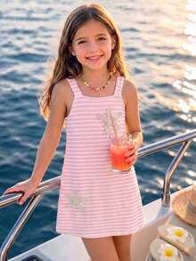SHEIN Genkimix Kids 1件女童 YK2 夏季休閒洋裝，黃色與白色鉤編面料，3D 海星前胸設計，無袖吊帶洋裝，適合海灘度假、休閒穿著、島嶼假期 - 粉色 - 查看 4