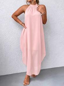 EMERY ROSE Plus Solid Asymmetrical Hem Halter Neck Dress Maxi Women Outfit - Baby Pink - View 1