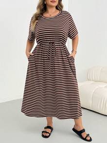SHEIN CURVE+ 大尺碼女款休閒洋裝、短袖洋裝、條紋洋裝、女士夏季套裝、畢業洋裝、戶外穿著 - 彩色 - 查看 6