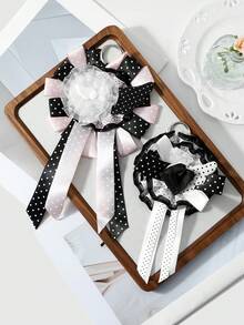 ROMWE Anime 1個 Sweet Academy 黑粉波點翅膀網紗蕾絲緞帶手工複雜玫瑰胸花 DIY 鑰匙圈包包吊飾，女士配飾節日禮物 - 彩色 - 查看 7