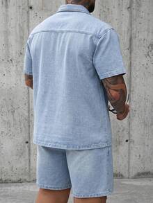 DAZY Blue Short Sleeve Washed Shirt With Decorative Line Shorts Men's Plus Size Denim Set Summer - Blue - View 2