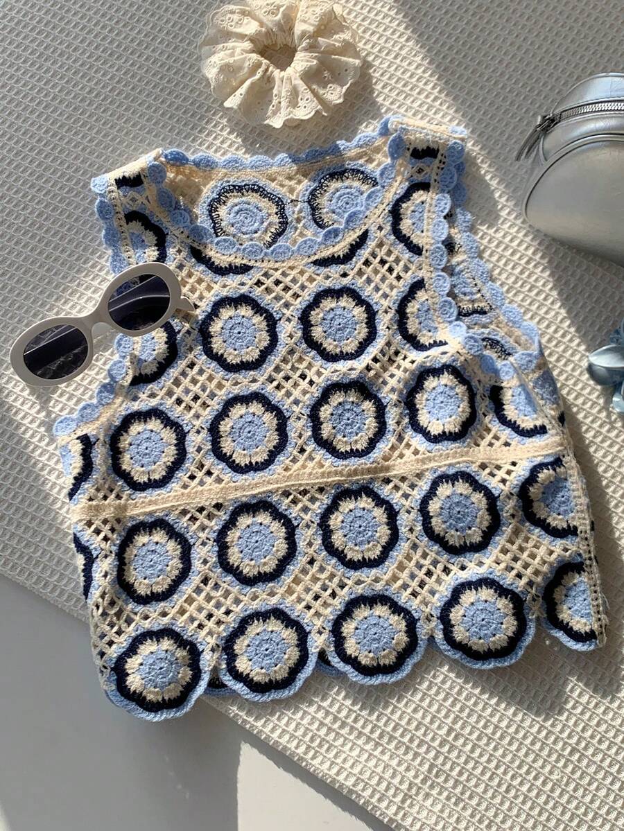 Comfortcana Women's Round Neck Geometric Print Casual Versatile Daily Outing Knit Top - Blue - View 1