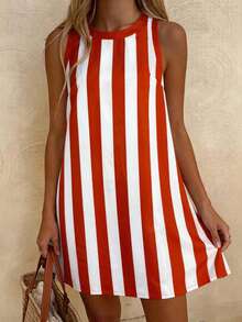 Vaclyn Gaun Pendek Wanita untuk Liburan, Motif Garis Merah dan Putih, Kasual - Merah - View 5