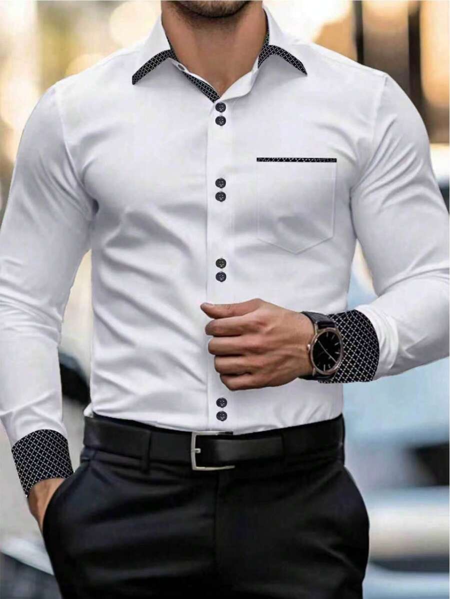 Manfinity Mode 男士時尚黑白配色襯衫,夏季休閒商務工作正式禮服襯衫,雙鈕扣裝飾配色長袖優雅上衣,適用於儀式 - 黑與白 - 查看 1