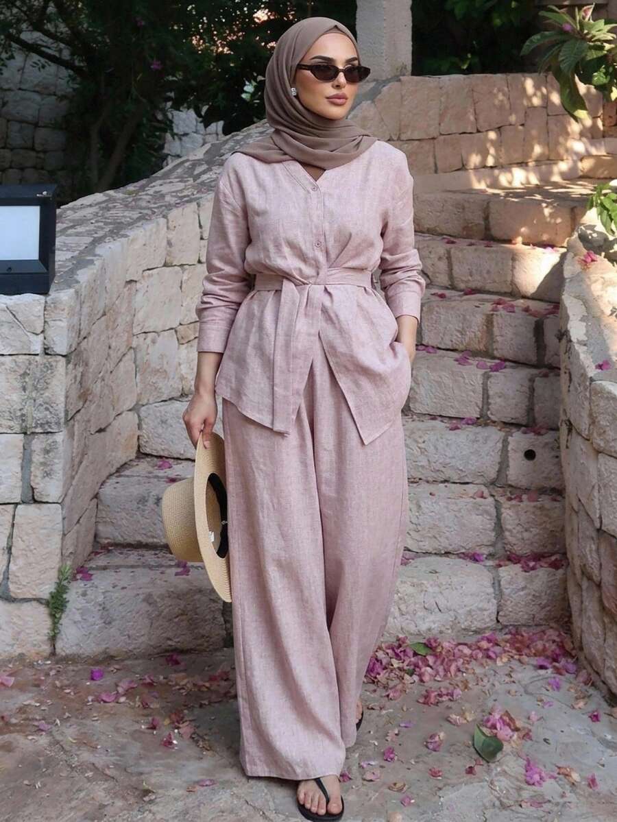 Dazy Tall 高个女式V领长袖宽松开衫衬衫和休闲裤两件套,优雅休闲家居服套装 - 粉色 - 查看 1