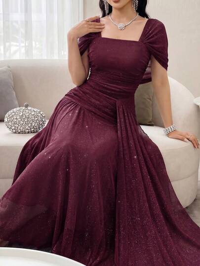 Feyla Vestido Longo Elegante com Decote Quadrado, Plissado e Glitter para Mulheres