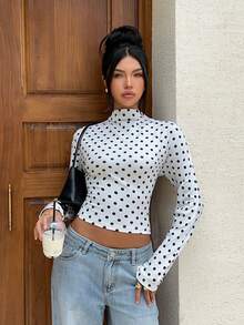 Siren Gaze Damen Sommer Neu Polka Dot Ausgeschnitten Schnürung Langarm T-Shirt - Weiss - Übersicht 7