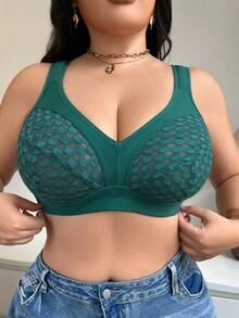 DesireSculpt Plus Size Lace Patchwork Wireless Bra, 1pc - Dark Green - View 4