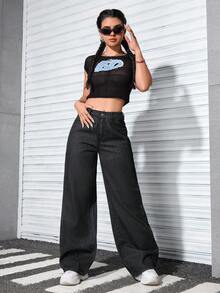 SHEIN ICON 大尺碼女款秋冬口袋寬腿寬鬆牛仔長褲 - 黑色 - 查看 5