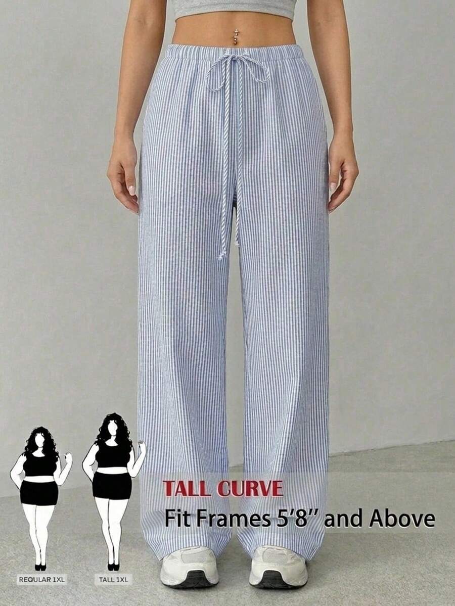 SHEIN Tall CURVE 大码女式抽绳腰带条纹休闲百搭阔腿裤,适合日常穿着 - 藍白色 - 查看 1