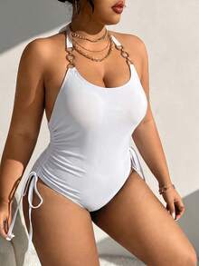 Swim Vcay Traje de baño de una pieza con cuello halter y cadena de metal de unicolor para mujer talla grande para vacaciones - Blanco - Ver 3