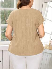 Reflora Plus Size Boat Neck Short Sleeve Pleated Blouse - Khaki - View 2