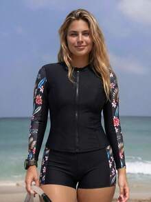 Swim SPRTY 2026夏季新款女款圓領拉鍊印花泳衣套裝，隨機印花大尺碼衝浪套裝 - 彩色 - 查看 3