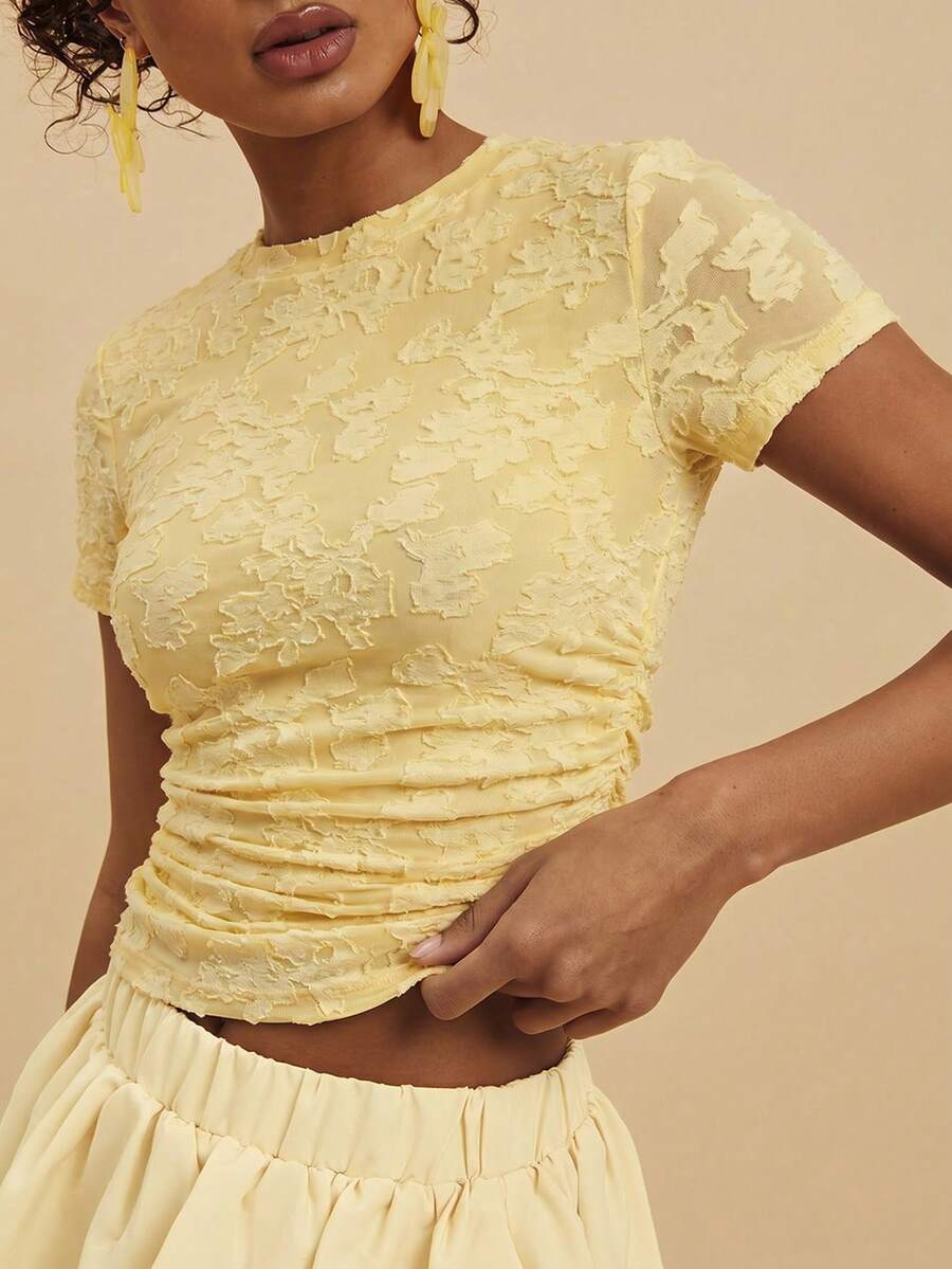 Travachic 女款提花百褶休閒百搭日常外出上衣 - 黃色 - 查看 1