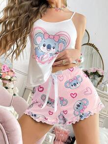 Softscene Women's 2 Pieces Cartoon Cute Heart Koala INS Pajama Set - Multicolor - View 4