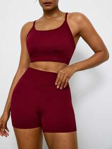 Levarali Plus Size Women's Solid Color Cami Tank Top And Shorts Sports Set Sports Bra And Athletic Shorts Set, Yoga Outfit For Daily Workouts And Running - Burgundy - View 5