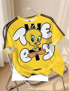 LOONEY TUNES X SHEIN Women's Cartoon Print Round Neck Short Sleeve Casual T-Shirt - White - View 1