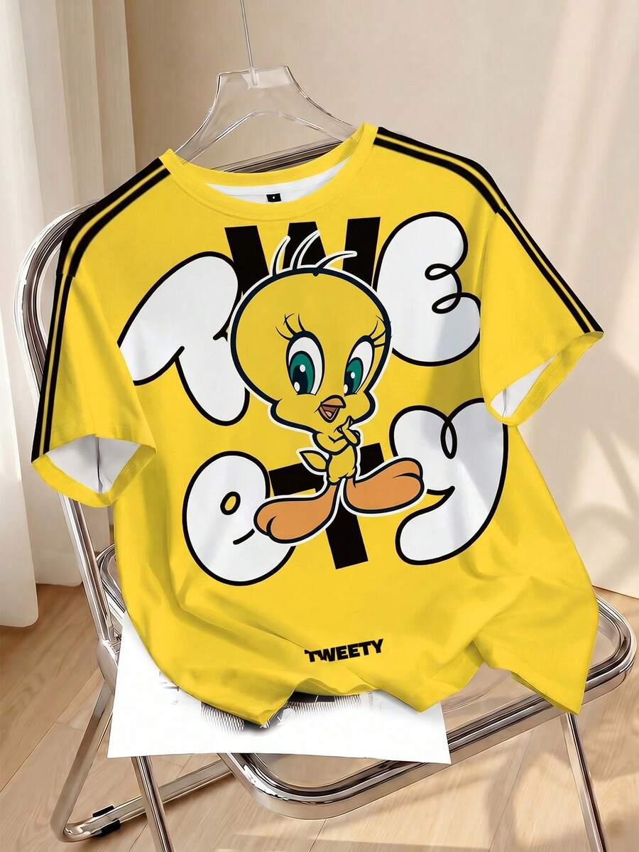 LOONEY TUNES X SHEIN Women's Cartoon Print Round Neck Short Sleeve Casual T-Shirt - White - View 1