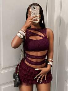 BamGleam Summer Sexy Hollow Out Lace Tank Top Club Night Burgundy - Burgundy - View 5