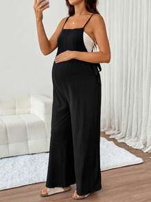 SHEIN Maternity Summer Casual Solid Color Spaghetti Strap Jumpsuit,Autumn Outfit For Women - Black - View 5
