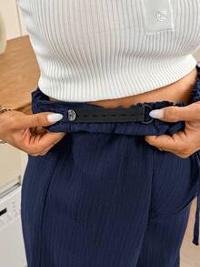 SHEIN Maternity Casual Textured Adjustable Waist Drawstring Long Pants - Navy Blue - View 4