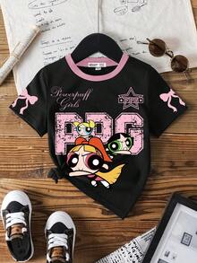 THE POWERPUFF GIRLS X SHEIN 年轻女孩短袖撞色边休闲 T 恤，卡通可爱运动芭蕾风格，蝴蝶结染色复古字母和花朵、泡泡、毛茛图案 - 白色 - 查看 3