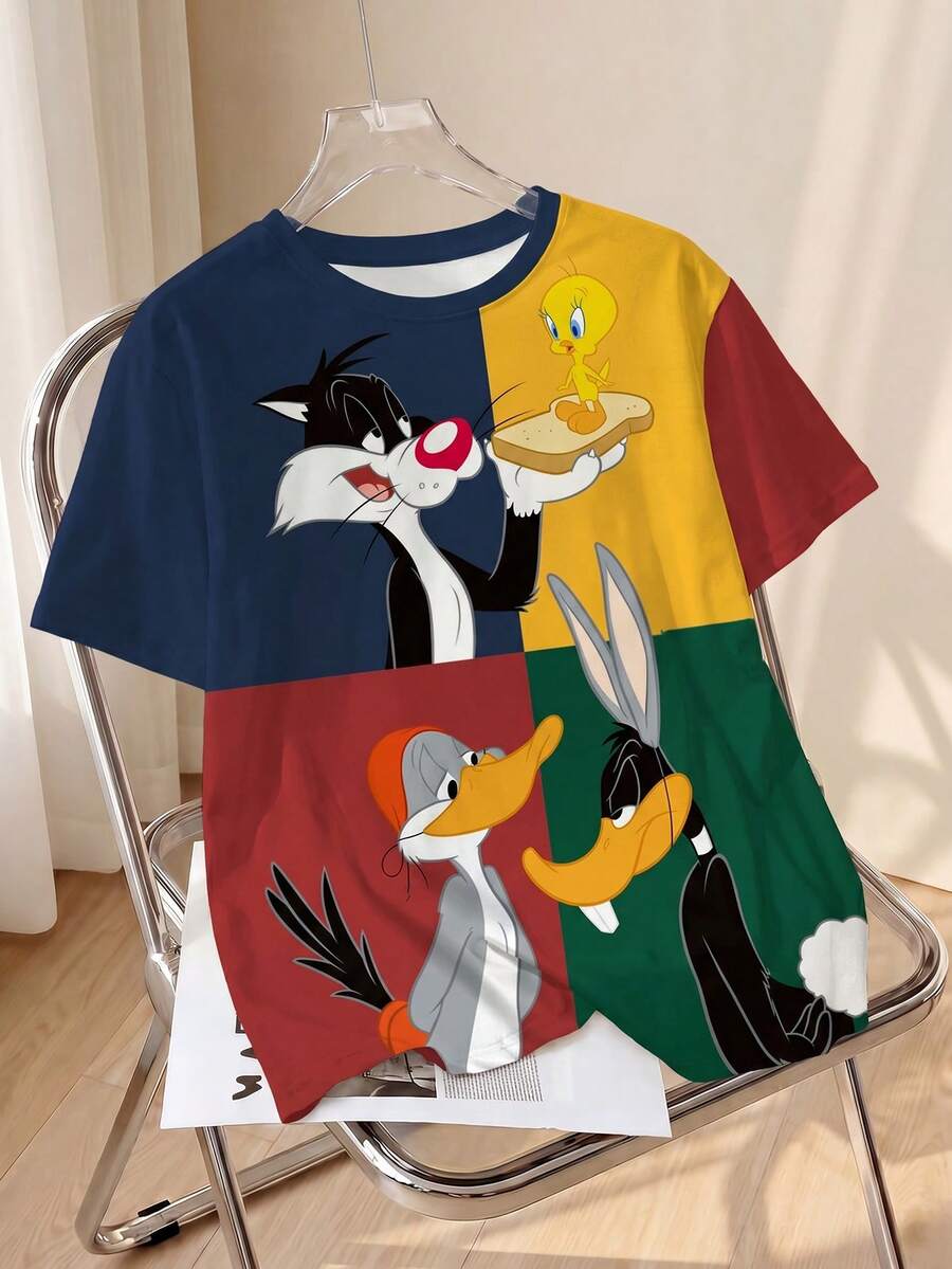LOONEY TUNES X SHEIN Plus Size Women's All-Over Anime Print Round Neck Drop Shoulder Loose Casual Versatile T-Shirt - White - View 1