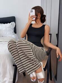 Dream Adore Minimalist Ribbed Tank Top And Contrast Ribbed Wide Leg Pants 2pcs Pajama Set - Multicolor - View 6