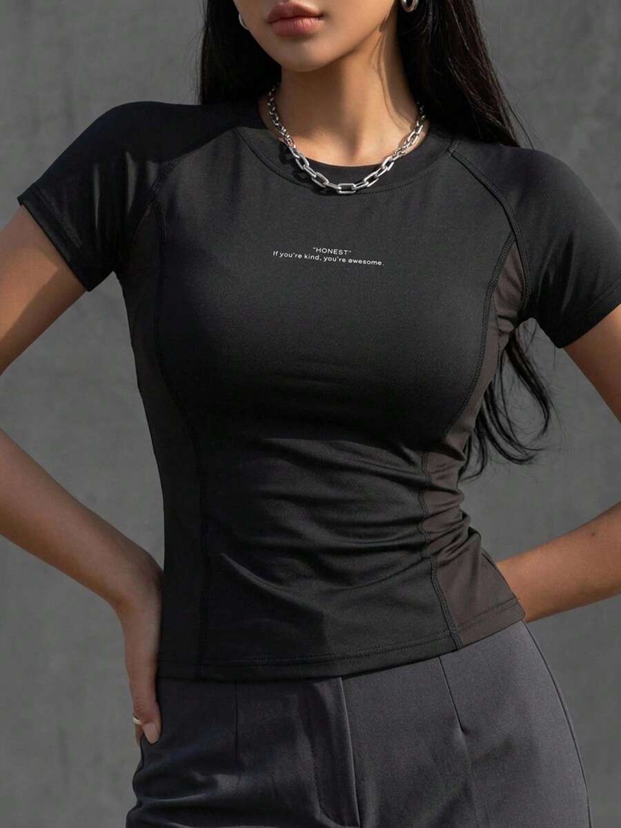 DAZY Color Block Patchwork Sports Fashion Letter Graphic Short Sleeve Women T-Shirt - Black - View 1