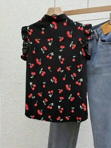 SHEIN Franclia 女款櫻桃印花休閒百搭日常外出上衣 - 黑色 - 查看 2