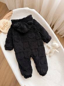 Newborn Baby Girl Autumn/Winter Cute 3D Ears Fuzzy Zipper Hooded Jumpsuit - Black - View 2