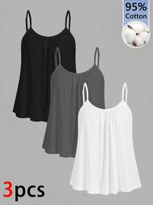 Tseoso 95% Cotton 3pcs/Set Women's Ruched Loose Camisole Tank Top With Adjustable Shoulder Straps, Suitable For Spring And Summer - Multicolor - View 12