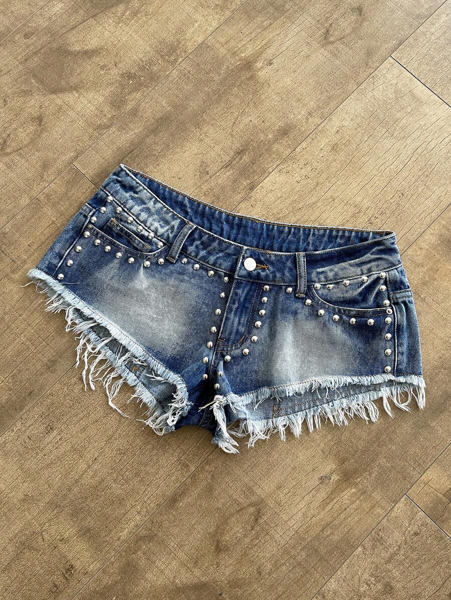 SHEIN Women's Ultra Low Waist Rivet Vintage Denim Mini Shorts - Blue - View 1