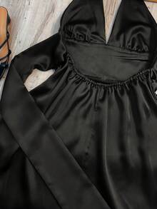 Franclia 女款優雅性感深V領露背緞面洋裝，適合春夏度假、派對、夜生活與日常通勤，黑色 - 黑色 - 查看 4