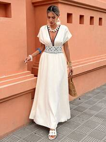 Selianne Standard Size Women's Deep V-Neck Contrast Lace Patchwork Embroidered A-Line Casual Vacation Dress, Spring/Summer - Apricot - View 4