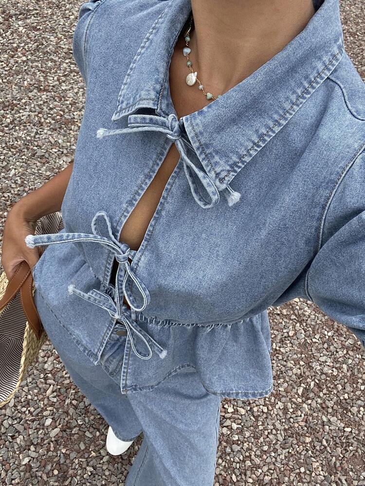 Spring & Summer Casual Vacation Style Bow Tie Strap Short Sleeve Shirt And Long Straight Leg Jeans Women's Suit