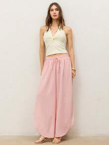 CielaLinda Women's Crinkled Wide-Leg Pants With Side Slit, Elegant Casual Boho Resort Vacation Trousers Beach Dusty Pink Summer - Pink - View 4