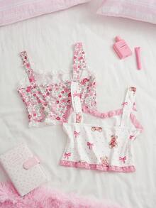 SweetSlumber Süßes niedliches Y2K Cartoon Bär Schleife Ditsy Blumen Spitze Patchwork figurbetontes Camisole Crop Top 2er Set Damen Pyjama Oberteil - Verschiedenfarbig - Übersicht 2