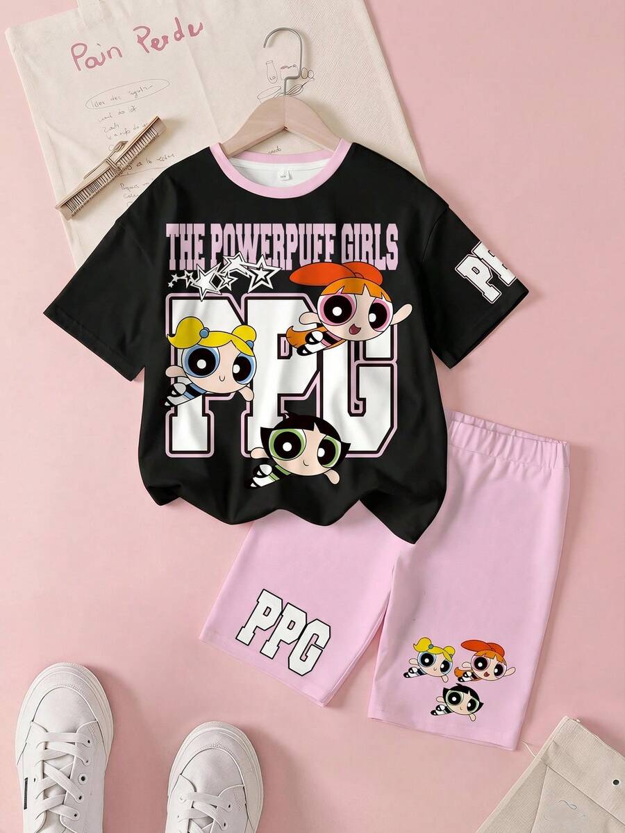 THE POWERPUFF GIRLS X SHEIN 少女卡通印花T恤和短裤套装 - 白色 - 查看 1
