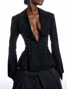 LYSMO Women's Fashionable Street Style Drawstring Tie-Up Elegant Blazer - Black - View 1