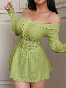 SweetSlumber Off-Shoulder Ribbed Jacquard Women's Loungewear Dress - Green - View 1
