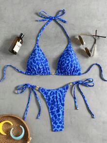 Swim Vcay 女款兩件式熱帶性感豹紋比基尼套裝，附金屬配件，適合度假與休閒穿著 - 彩色 - 查看 5