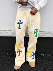 PAVTROS Men's Casual Loose Cross Embroidery Sweatpants - Apricot - View 5