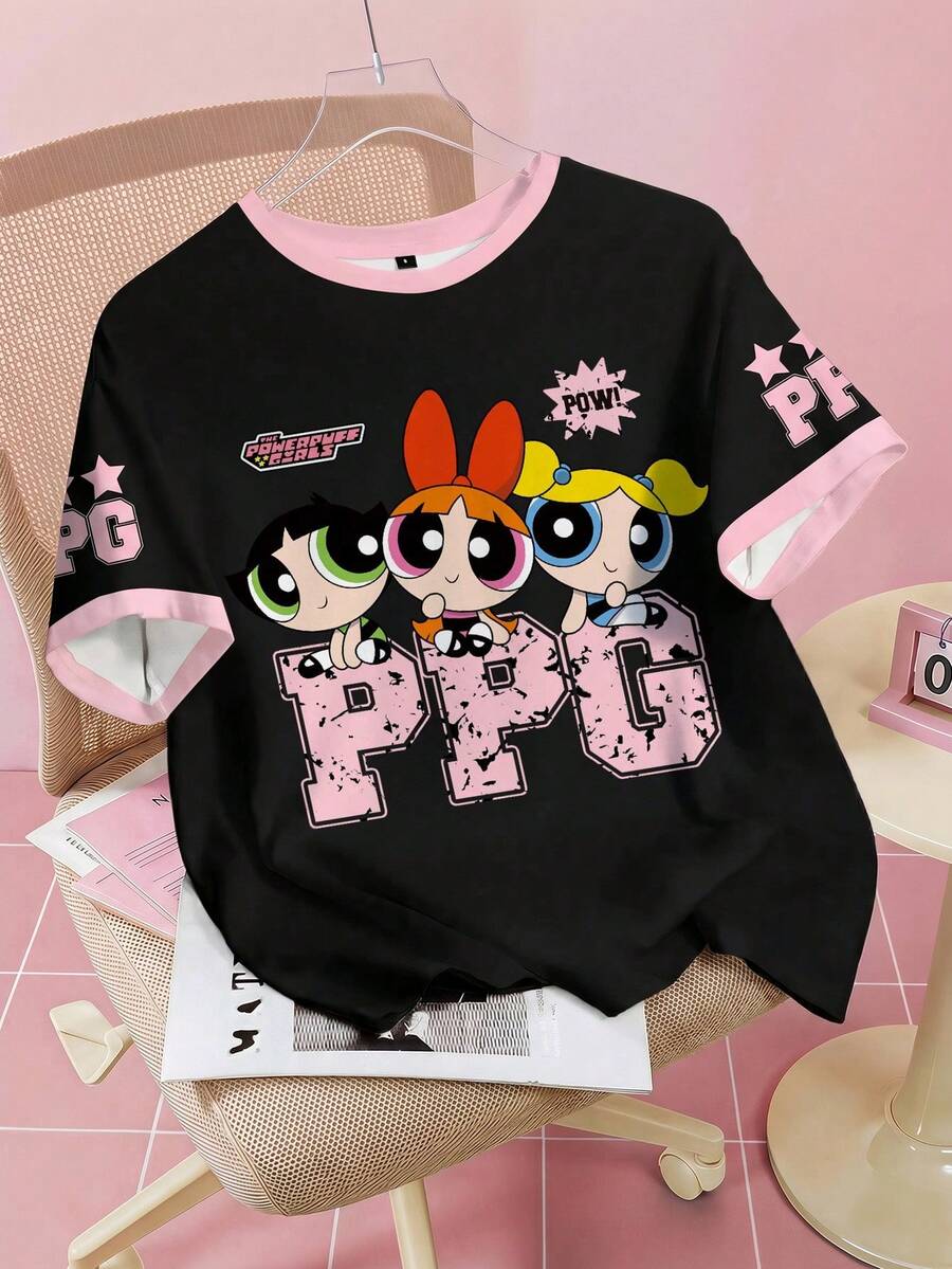 THE POWERPUFF GIRLS X SHEIN 女式休闲可爱花朵、泡泡、毛茛图案短袖 T 恤,夏季 - 白色 - 查看 1